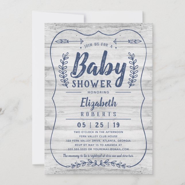 Invitation de Baby shower de bois rustique, Gris (Devant)