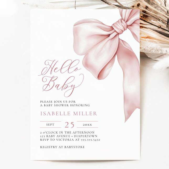 Invitation de Baby shower de boue rose moderne (Modern Pink Bow Baby Shower Invitation)