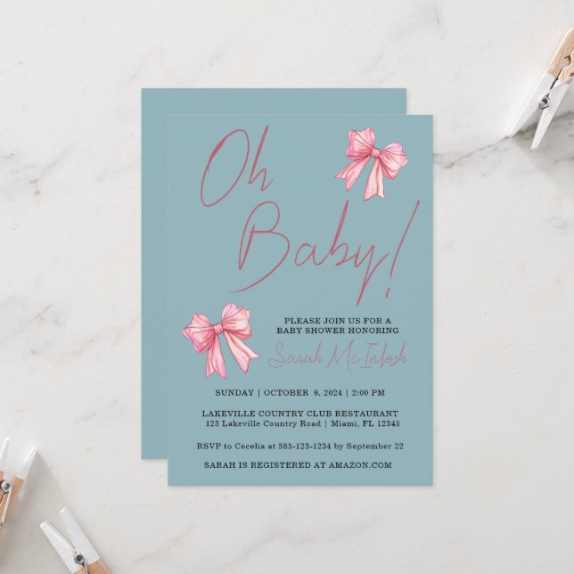 Invitation de Baby shower de Bow rose (Devant/Arrière en situation)