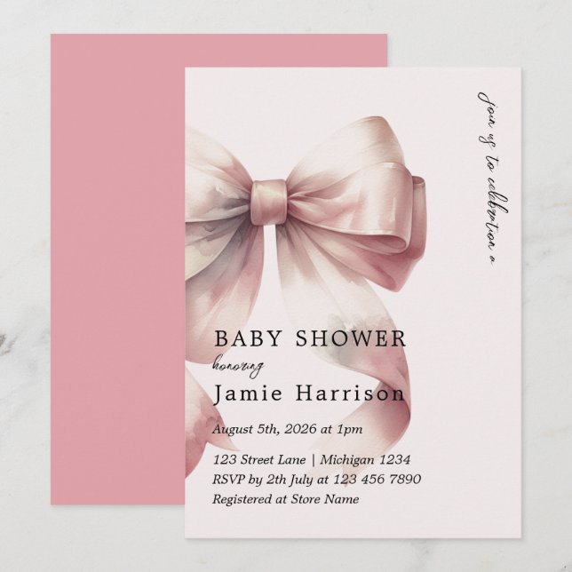 Invitation de Baby shower de Bow rose Aquarelle mo (Devant / Derrière)