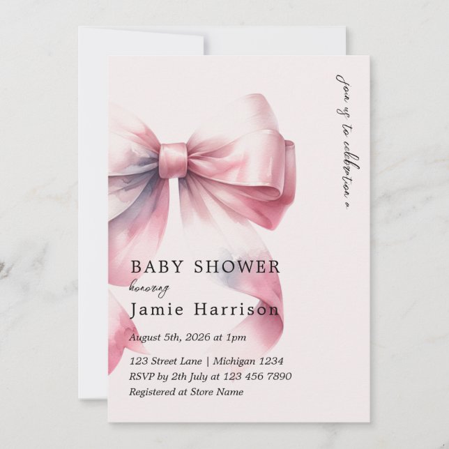 Invitation de Baby shower de Bow rose Aquarelle mo (Devant)