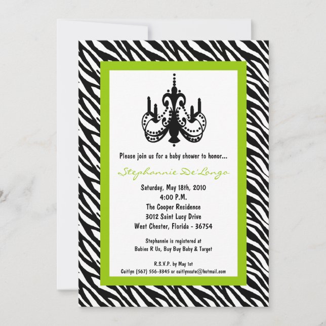 Invitation de Baby shower de chandelier Lime Zebra (Devant)