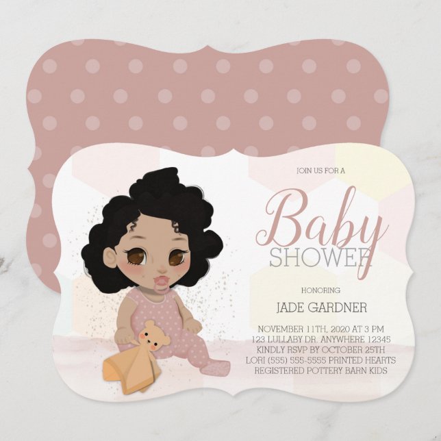 Invitation de Baby shower de cheveux bouclés - Ton (Devant / Derrière)