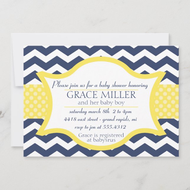 Invitation de baby shower de Chevron. Bleu marine (Devant)