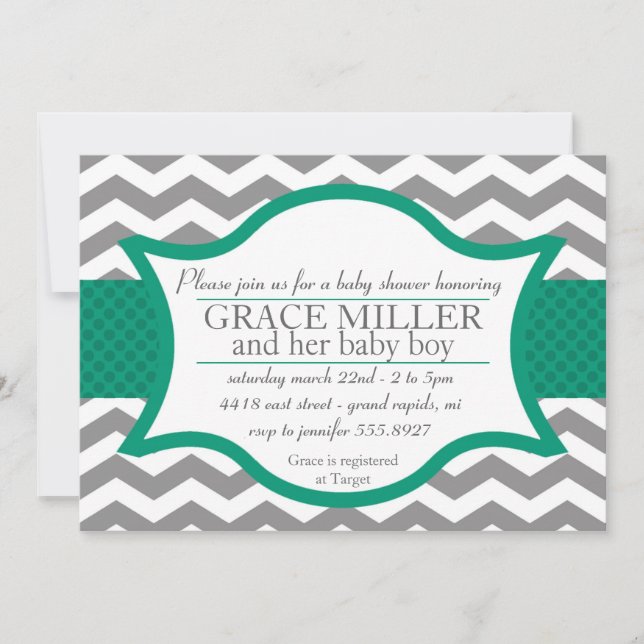 Invitation de baby shower de Chevron. Gris et jade (Devant)