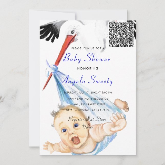 Invitation de Baby shower de cigogne drôle avec co (Devant)