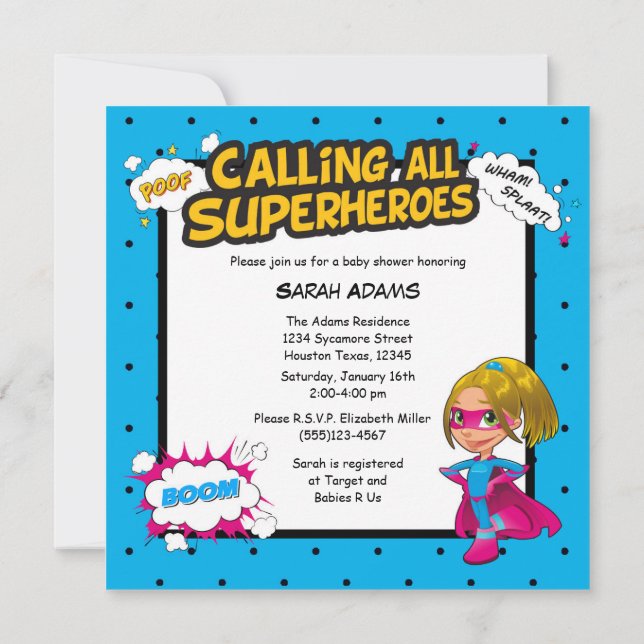 Invitation de Baby shower de comic Super Hero (Dos)