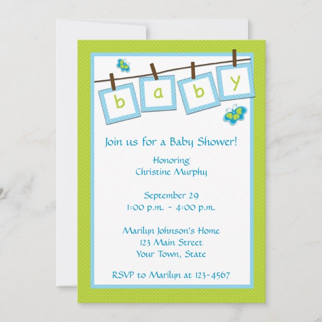 Invitation de baby shower de corde à  linge des (Devant)