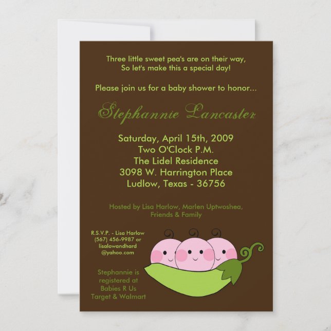 invitation de baby shower de cosse de pois doux (Devant)