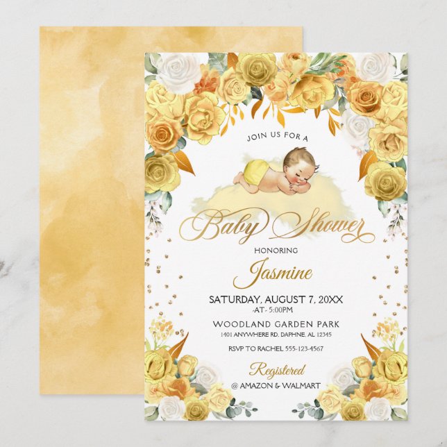 Invitation de Baby shower de couchage floral jaune (Devant / Derrière)