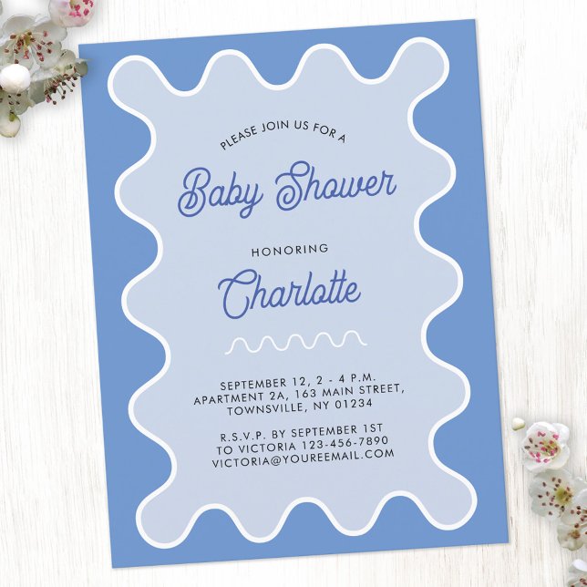 Invitation de Baby shower de courbe bleue rétro (Retro modern wavy curve blue personalized baby shower invitation postcard)