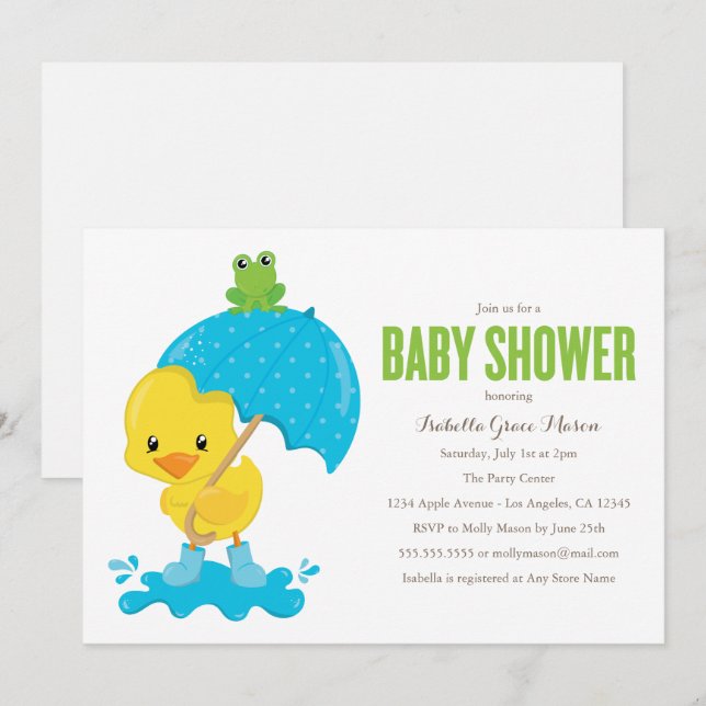 Invitation de Baby shower de Cute Duckie (Devant / Derrière)
