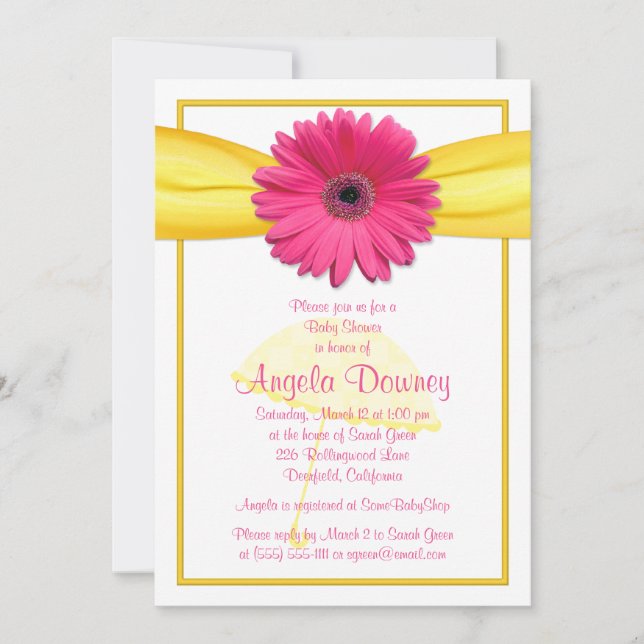 Invitation de Baby shower de  de ruban jaune rose  (Devant)