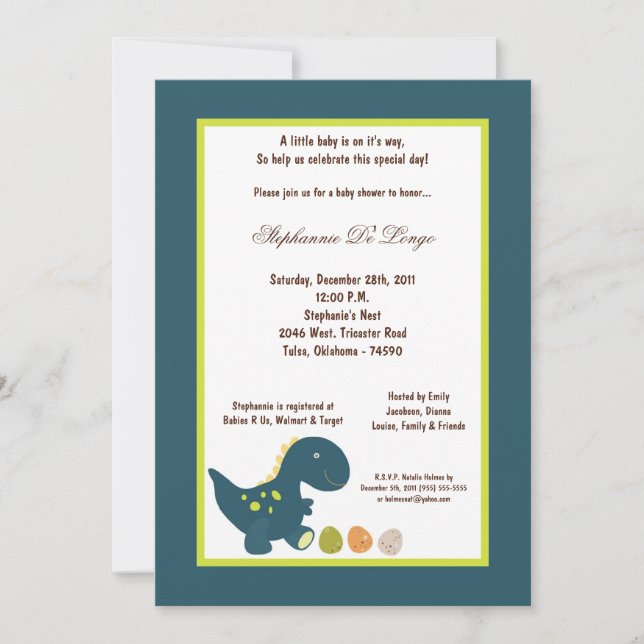 Invitation de Baby shower de dinosaures 5x7 (Devant)