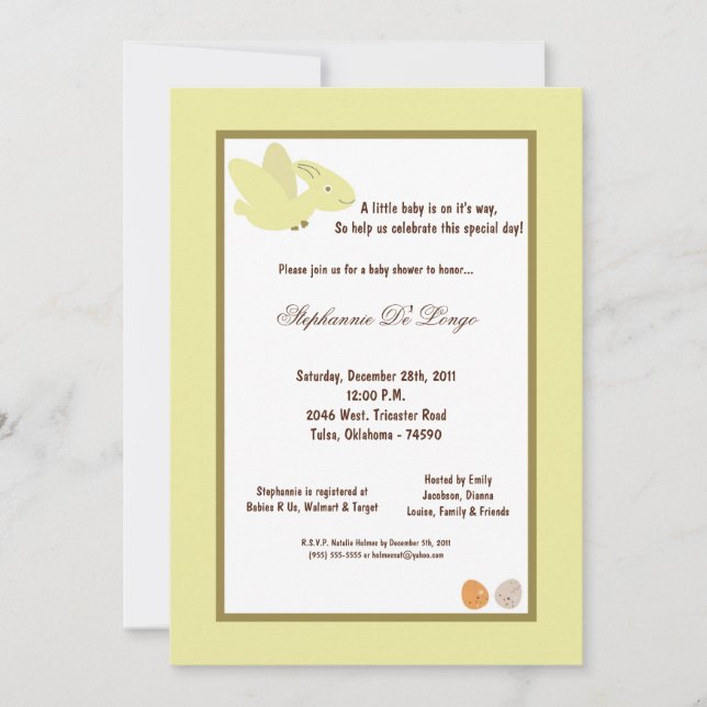 Invitation de Baby shower de dinosaures 5x7 (Devant)