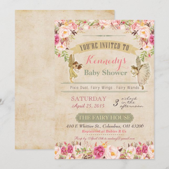 Invitation de baby shower de fée vintage (Devant / Derrière)