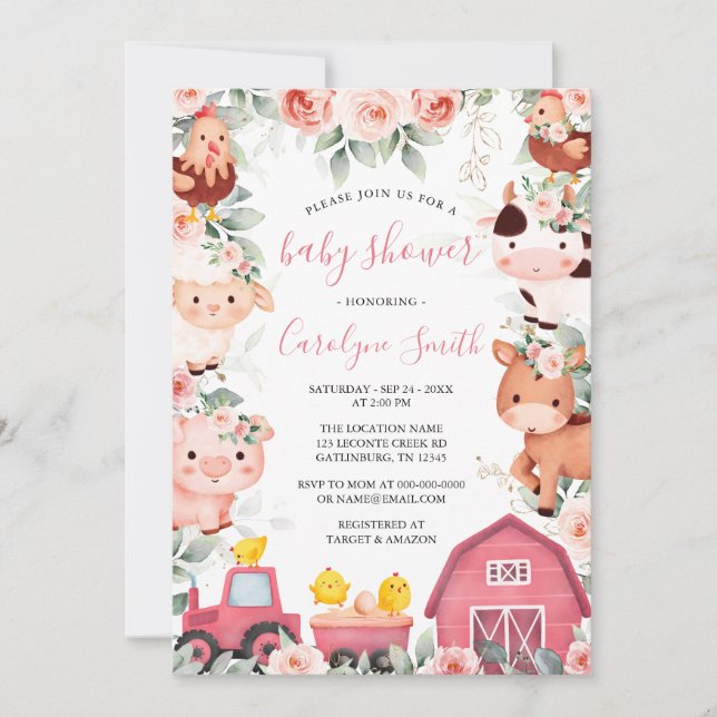 Invitation de Baby shower de ferme pour filles ÉDI (Devant)