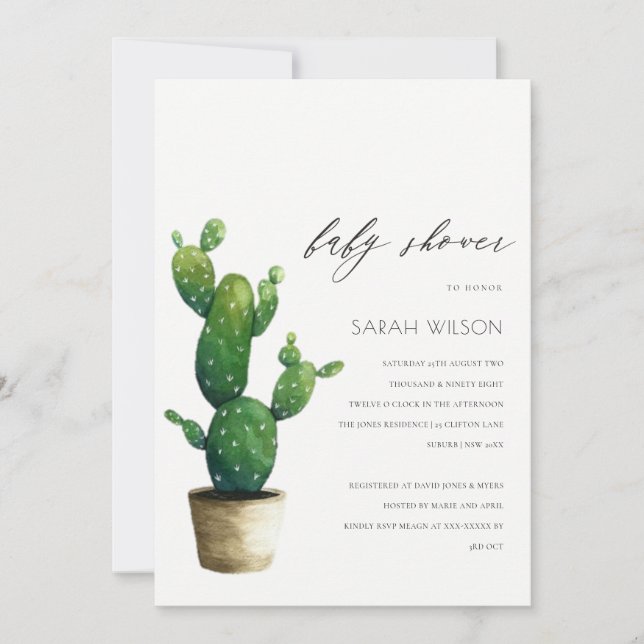 Invitation de Baby shower de feuillage vert Cactus (Devant)