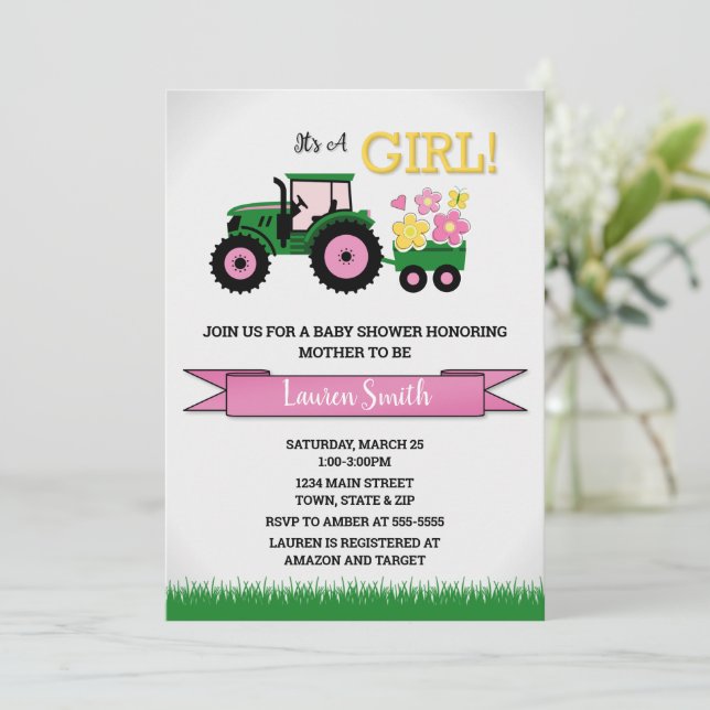 Invitation de Baby shower de fille de tracteur, Tr (Debout devant)
