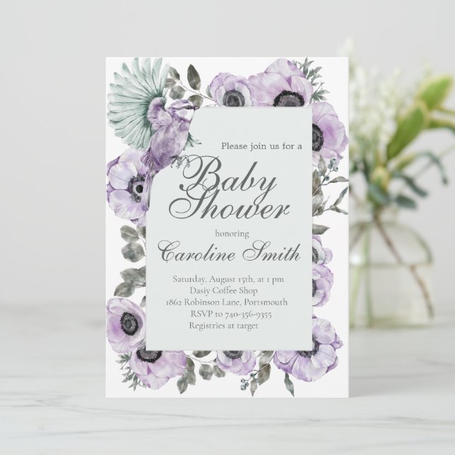 Invitation de Baby shower de fille florale violett (Debout devant)