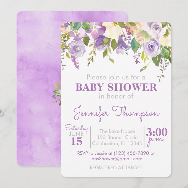 Invitation de Baby shower de fille florale violett (Devant / Derrière)