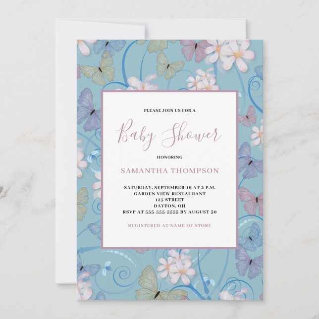 Invitation de Baby shower de fille papillon (Devant)