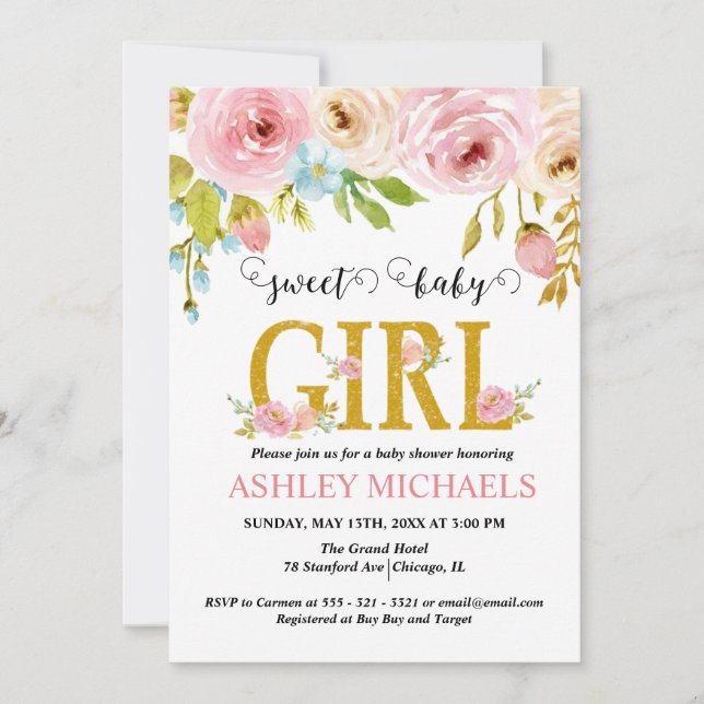 Invitation de Baby shower de fille rose Floral or (Devant)