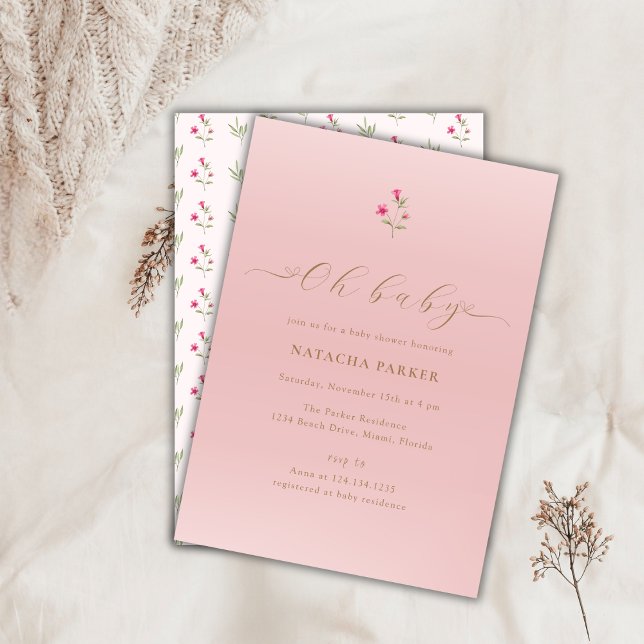 Invitation de Baby shower de Fleur sauvage rose mi (Pink Minimal Wildflower Baby Shower Invitation)