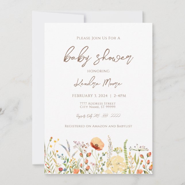 Invitation de Baby shower de fleurs sauvages (Devant)