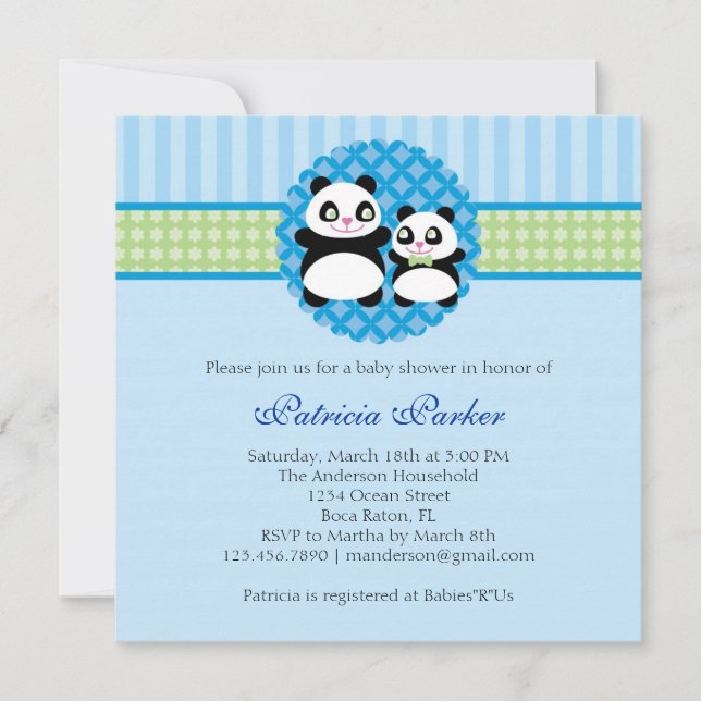Invitation de baby shower de garçon d'ours panda (Devant)