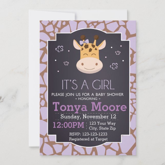 Invitation de Baby shower de girafe pourpre (fille (Devant)