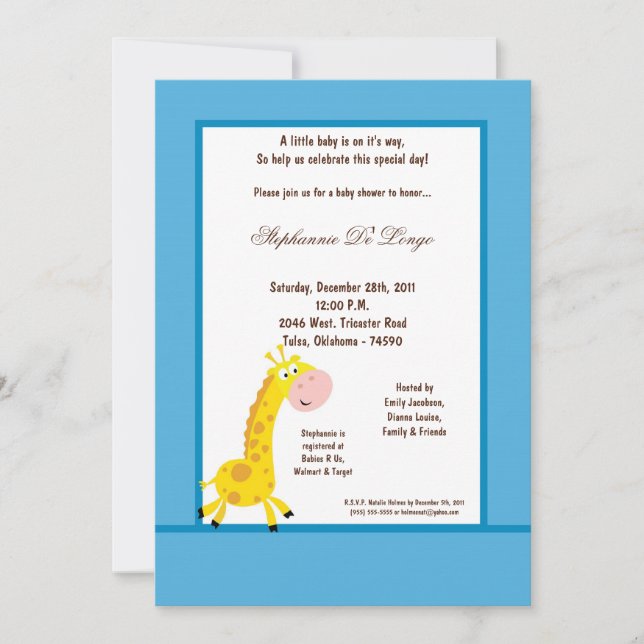 Invitation de Baby shower de Giraffe bleue 5x7 (Devant)
