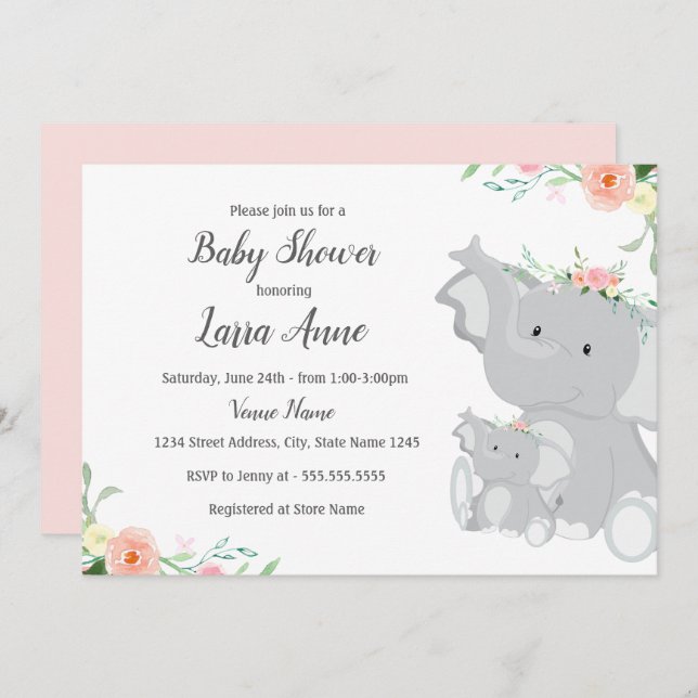Invitation de Baby shower de la fille Baby Elephan (Devant / Derrière)