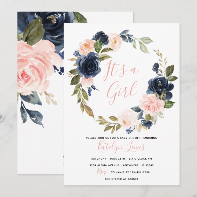 Invitation de Baby shower de la Marine et du Blush (Devant / Derrière)