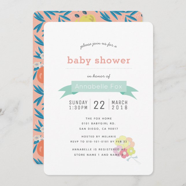 Invitation de Baby shower de la Marine rose floral (Devant / Derrière)