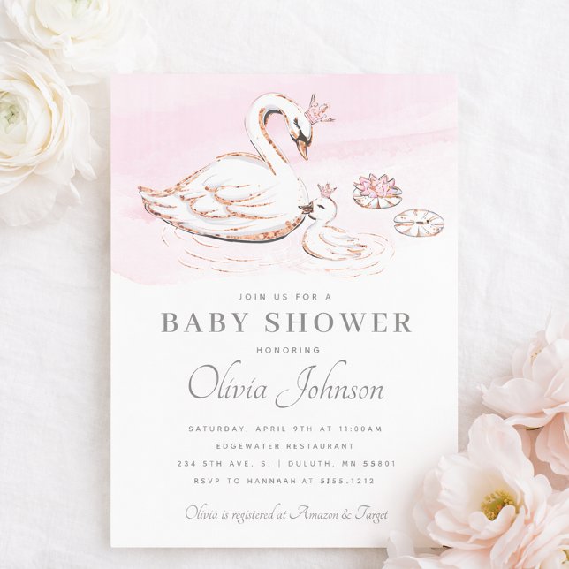 Invitation de Baby Shower de la Princesse Rose Mod (Modern Pink Princess Swan Baby Shower Invitation)
