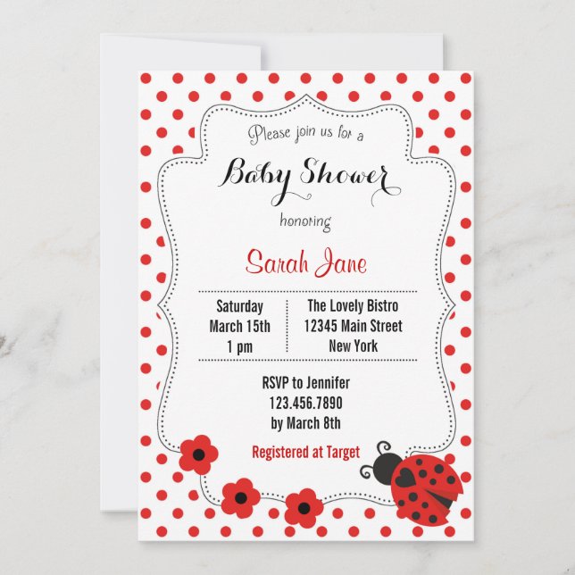 Invitation de Baby shower de Ladybug Polkadot (Devant)