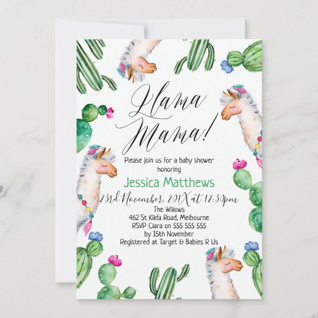 Invitation de baby shower de lama (Devant)