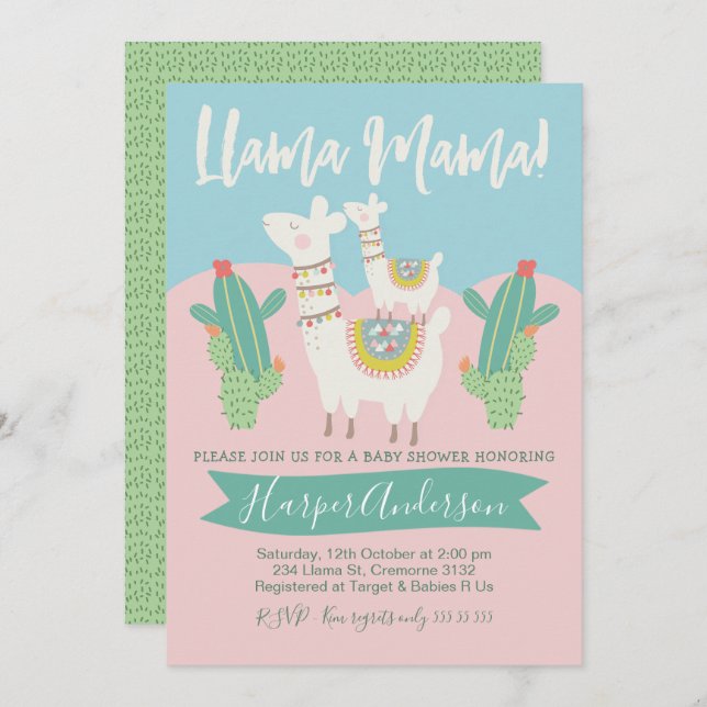 Invitation de baby shower de lama et de cactus (Devant / Derrière)
