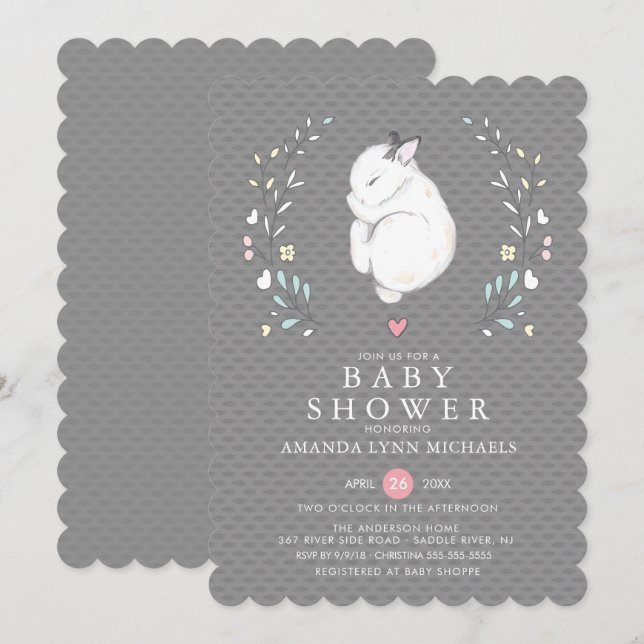 Invitation de Baby shower de lapin couché (Devant / Derrière)