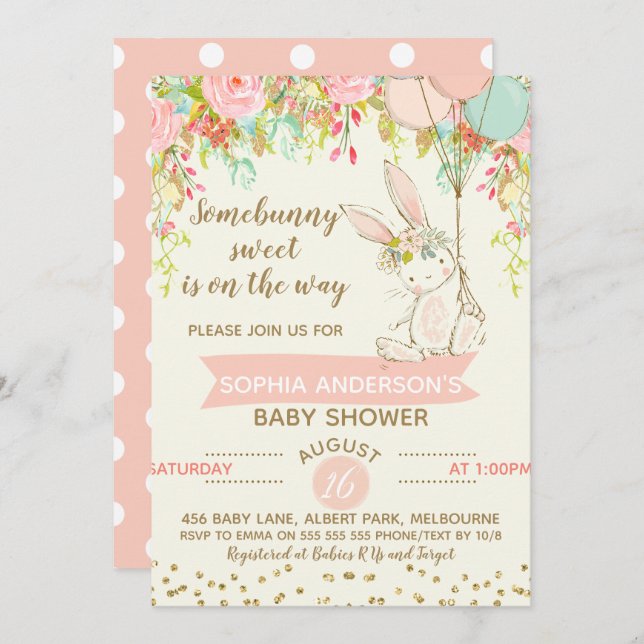 Invitation de Baby shower de lapin sucré (Devant / Derrière)