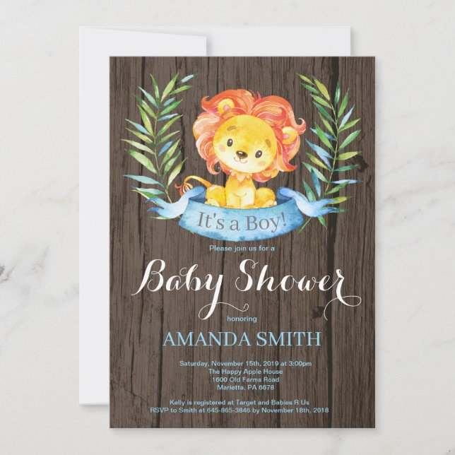 Invitation de Baby shower de Lion Garçon Rustique (Devant)
