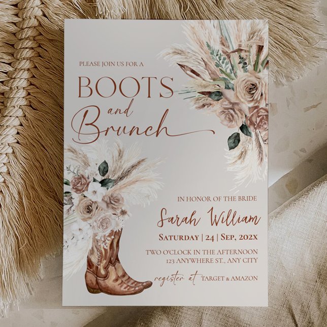 Invitation de Baby Shower de Mariée Boots Brunch R (Boots Brunch Bridal Shower Invitation Rustic Boho Pampas Floral )