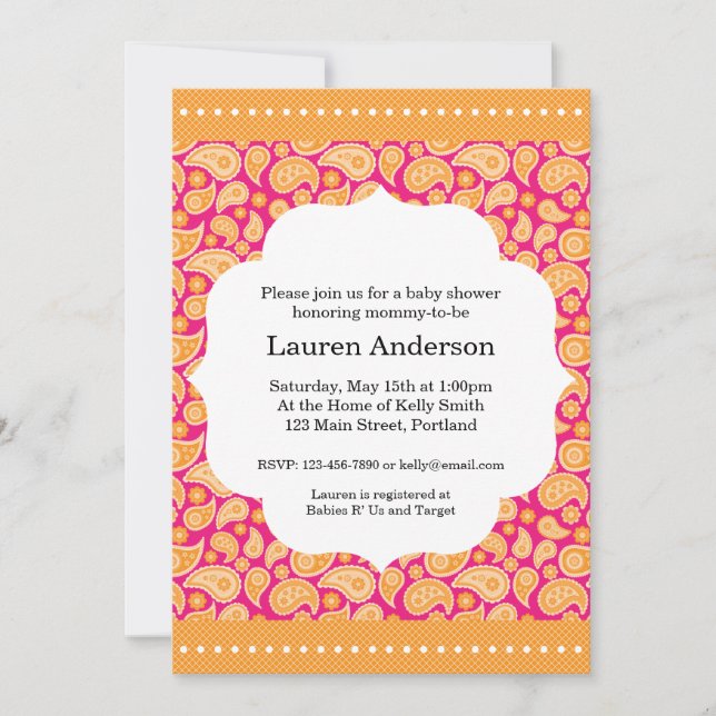 Invitation de baby shower de Paisley - orange (Devant)