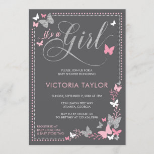 Invitation de baby shower de papillon, rose, gris