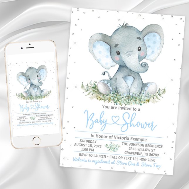 Invitation de Baby shower de Parties scintillant d (Boy elephant baby shower invitation with cute baby elephant on a silver glitter background. )