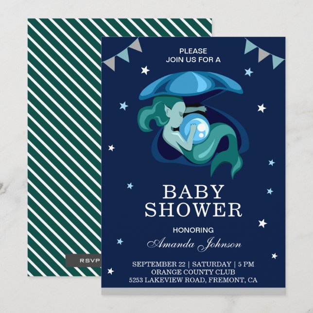 Invitation de baby shower de petite sirène verte m (Devant / Derrière)