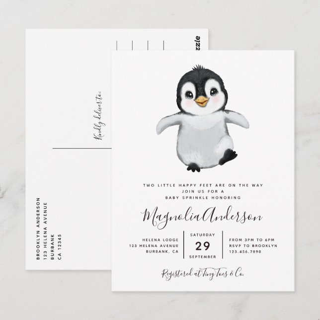 Invitation de Baby shower de pingouin mignon (Devant / Derrière)