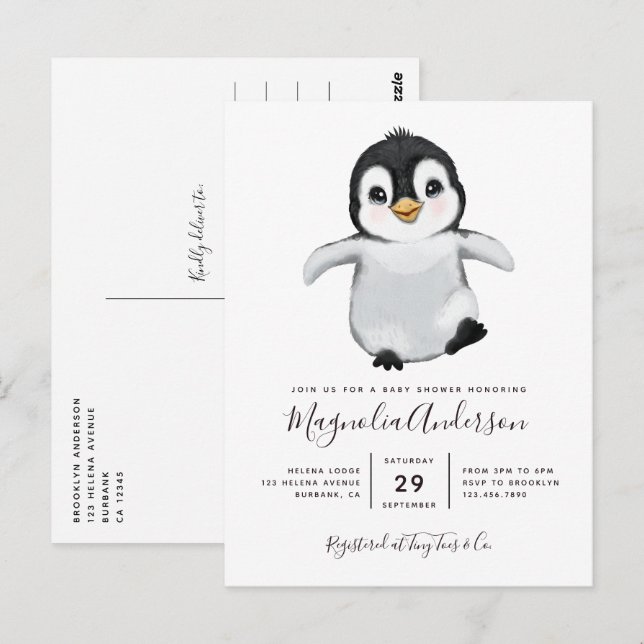 Invitation de Baby shower de pingouin mignon (Devant / Derrière)