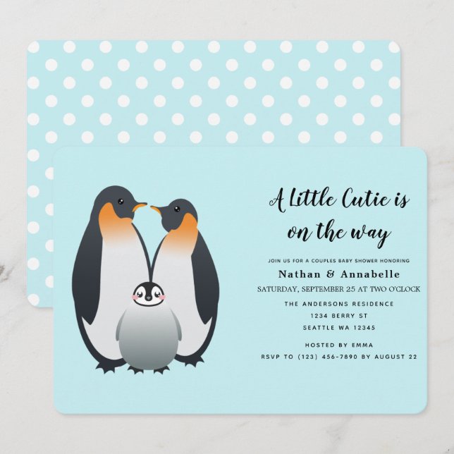 Invitation de Baby shower de pingouin mignon (Devant / Derrière)